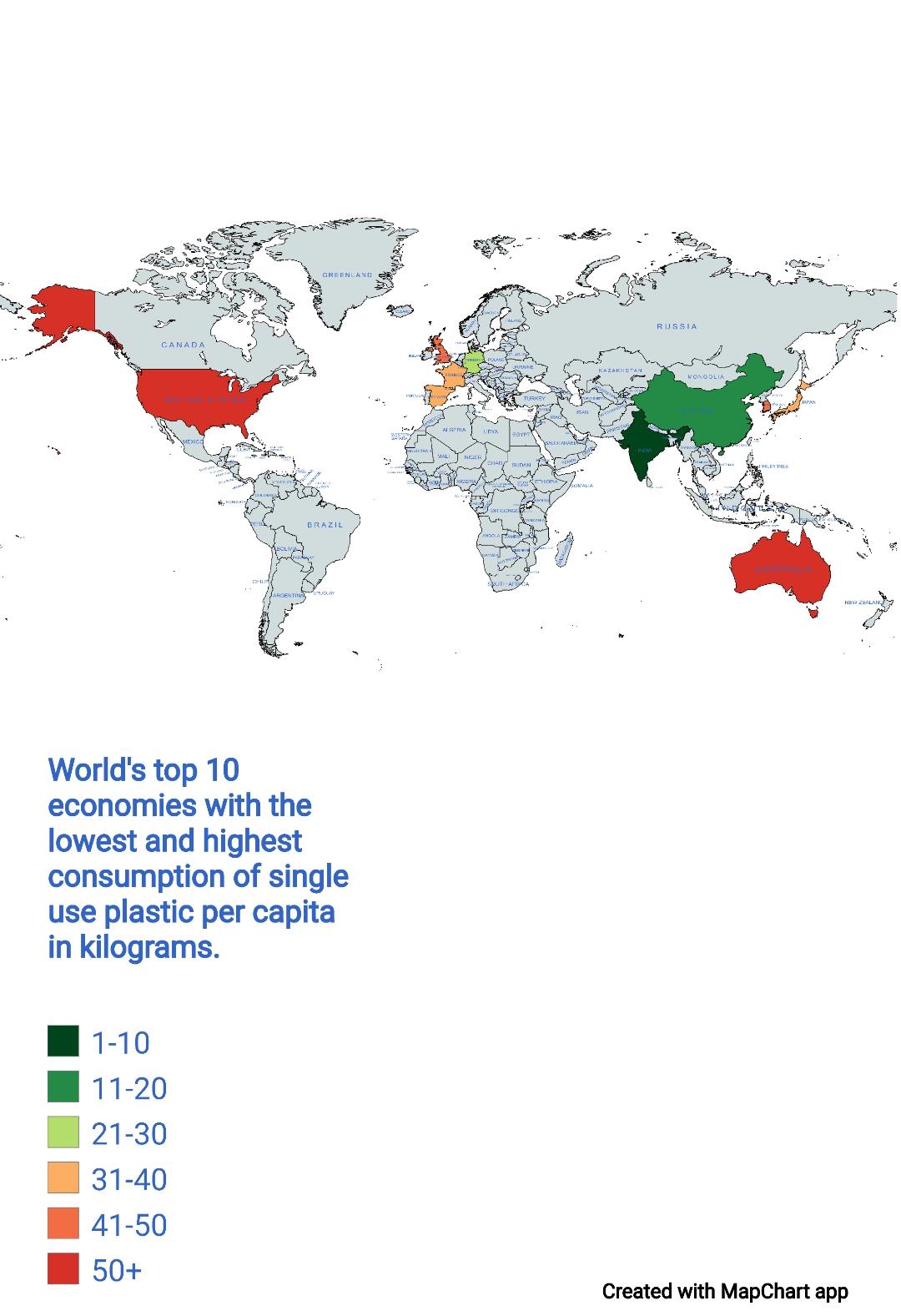 Top10 krajów, gdzie przypada najwięcej i najmniej tworzyw sztucznych na osobę (w kilogramach)