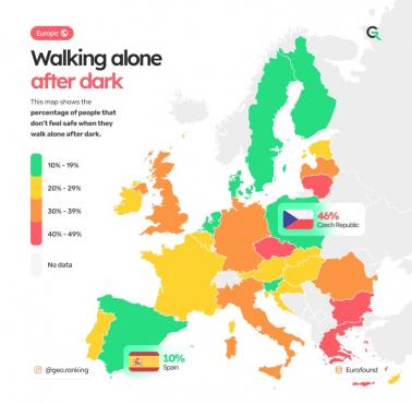 Odsetek osób w Europie, które nie czują się bezpiecznie, gdy idą same po zmroku