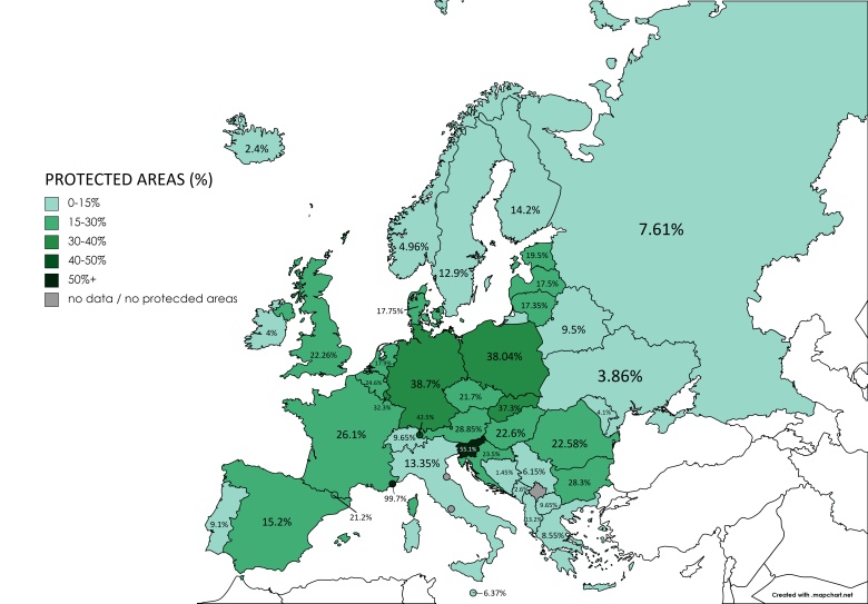 Odsetek obszarów chronionych w poszczególnych państwach Europy, dane DeAgostini Atlas 2021