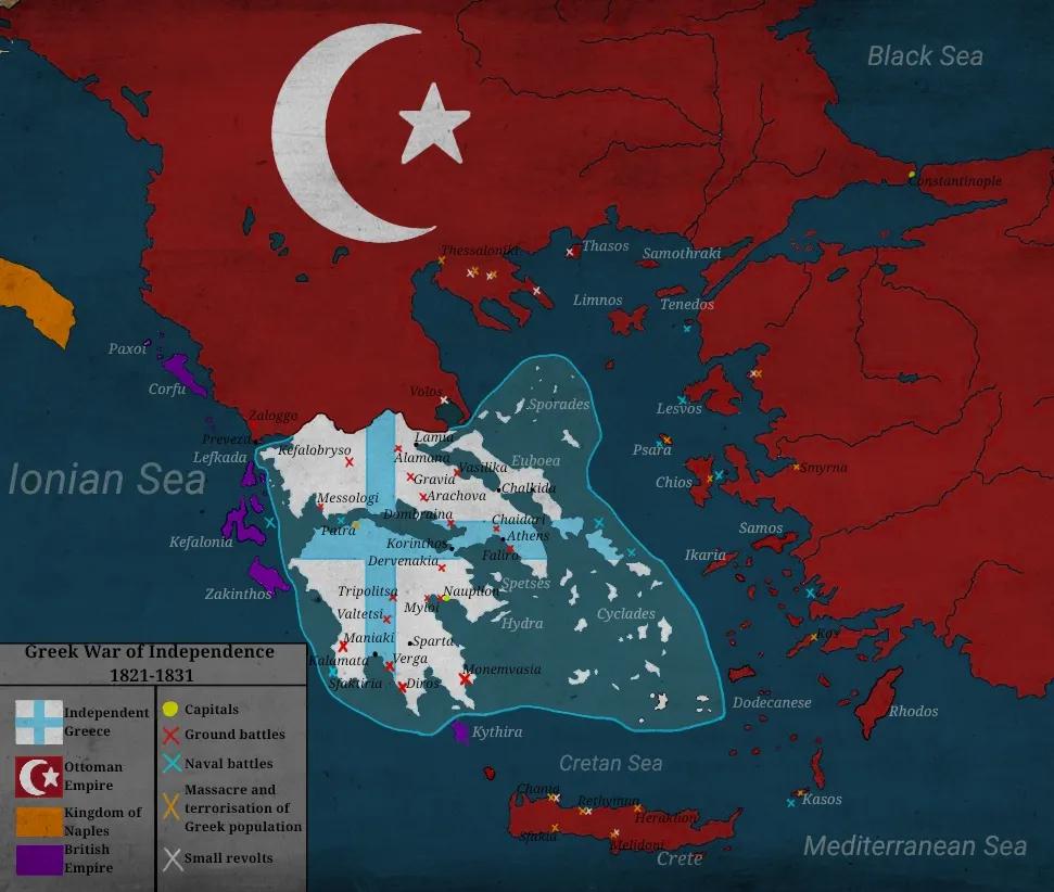Mapa greckich wojen o niepodległość 1821-1831