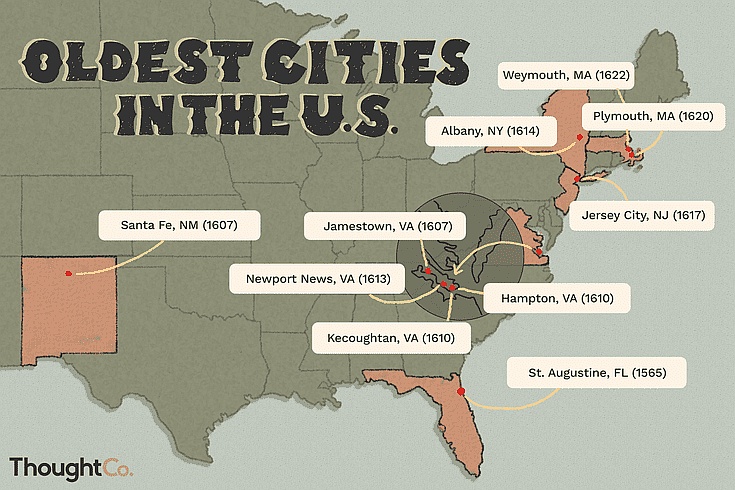 Mapa najstarszych miast w USA