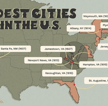 Mapa najstarszych miast w USA