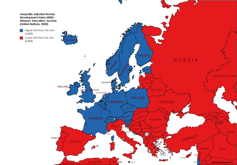 Kraje europejskie o wyższym wskaźniku rozwoju społecznego (IHDI) skorygowanym o nierówności niż w USA, 2020