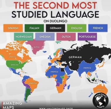 Drugi najczęściej studiowany język w poszczególnych krajach świata na podstawie danych aplikacji Duolingo