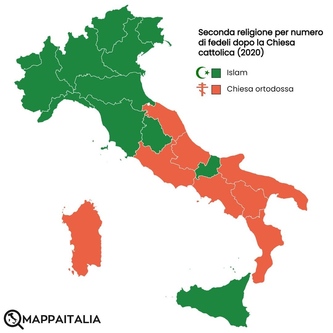 Druga co do wielkości religia (po Kościele katolickim) według regionu włoskiego