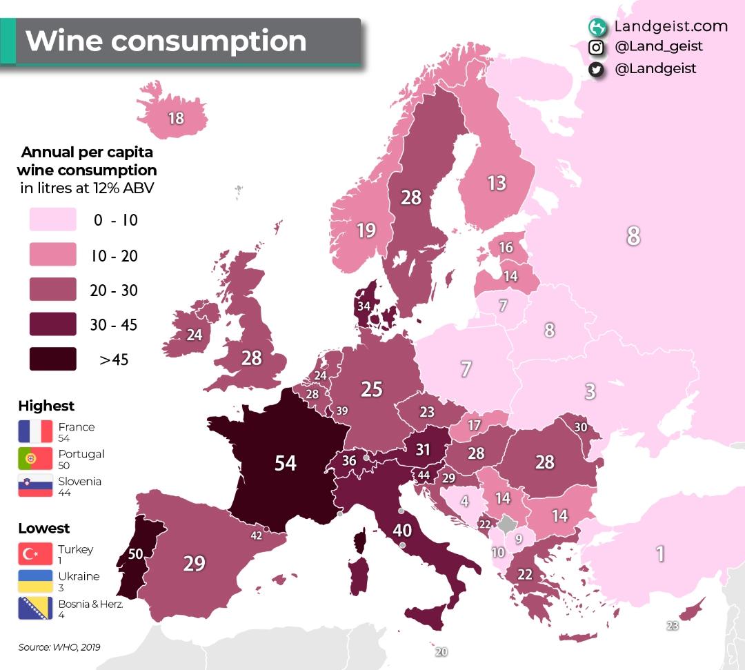 Ilość wypitego wina na osobę w Europie, 2019