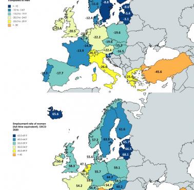Wskaźnik zatrudnienia (cały etat) kobiet w porównaniu do mężczyzn w krajach europejskich na podstawie danych OECD 2020