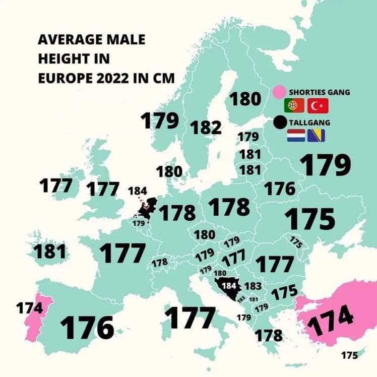 Średni wzrost mężczyzny w Europie (w cm), 2022