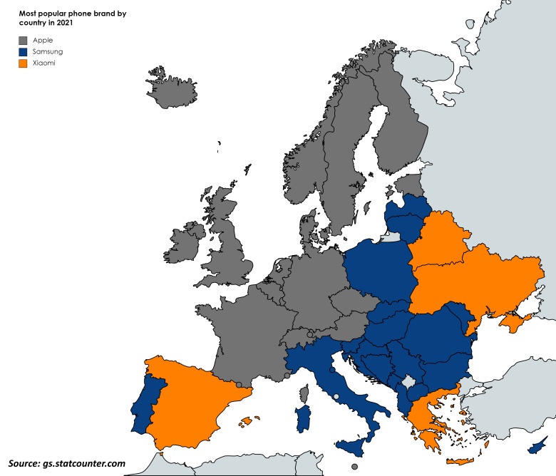 Najpopularniejsza marka smartfonu w poszczególnych europejskich krajach, 2021