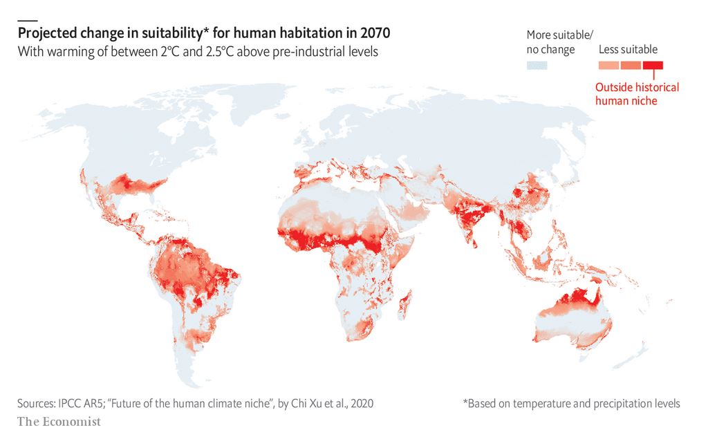 Obszary niezdatne do życia dla człowieka jeśli temperatura wzrośnie o 2-2,5 st. Celsjusza, prognoza 2070, globalne ociepleni