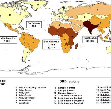Liczba śmiertelnych ukąszeń węży w poszczególnych państwach świata