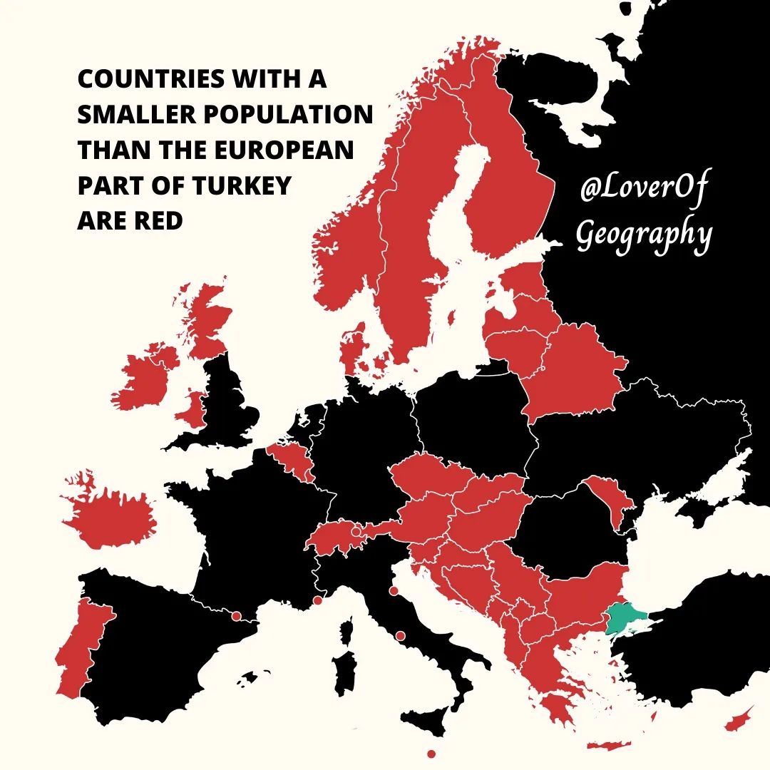 Kraje o mniejszej liczbie ludności niż europejska część Turcji