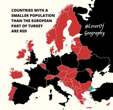 Kraje o mniejszej liczbie ludności niż europejska część Turcji