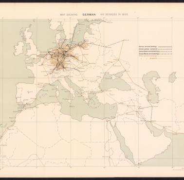 Mapa tras Niemieckich Linii Lotniczych z 1926, widoczne główne trasy do sojuszników, państw przyjaznych ...