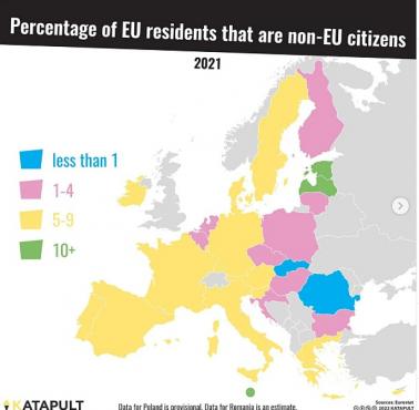 Odsetek mieszkańców Unii, którzy nie są obywatelami Unii, 2021