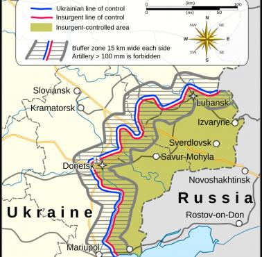 Mapa linii kontroli i strefy buforowej ustanowionej protokołem mińskim z dnia 5 września 2014 r., Ukraina-Rosja