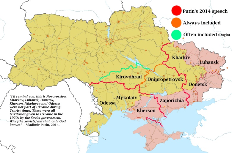 Roszczenia terytorialne Noworosji (sztuczny rosyjski twór złożony z okupowanych przez Moskwę ziem ukraińskich) wg. Putina, 2014