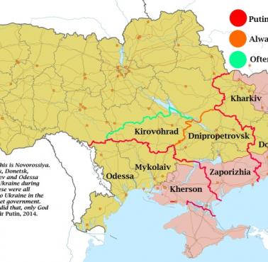 Roszczenia terytorialne Noworosji (sztuczny rosyjski twór złożony z okupowanych przez Moskwę ziem ukraińskich) wg. Putina, 2014