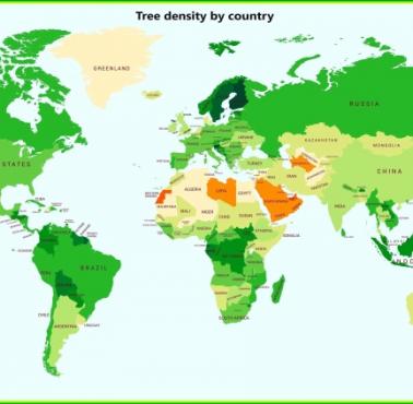 Gęstość zalesienia (lesistość) na świecie z podziałem na kraje
