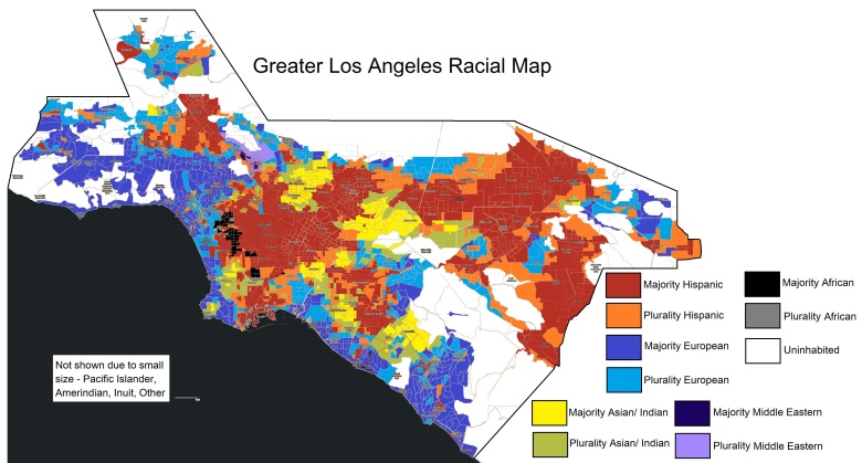 Rasowa mapa Los Angeles, widoczne getta czarne i latynoskie ...