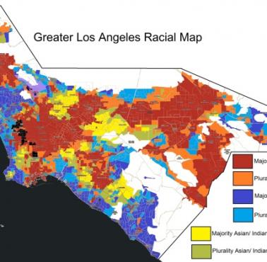 Rasowa mapa Los Angeles, widoczne getta czarne i latynoskie ...