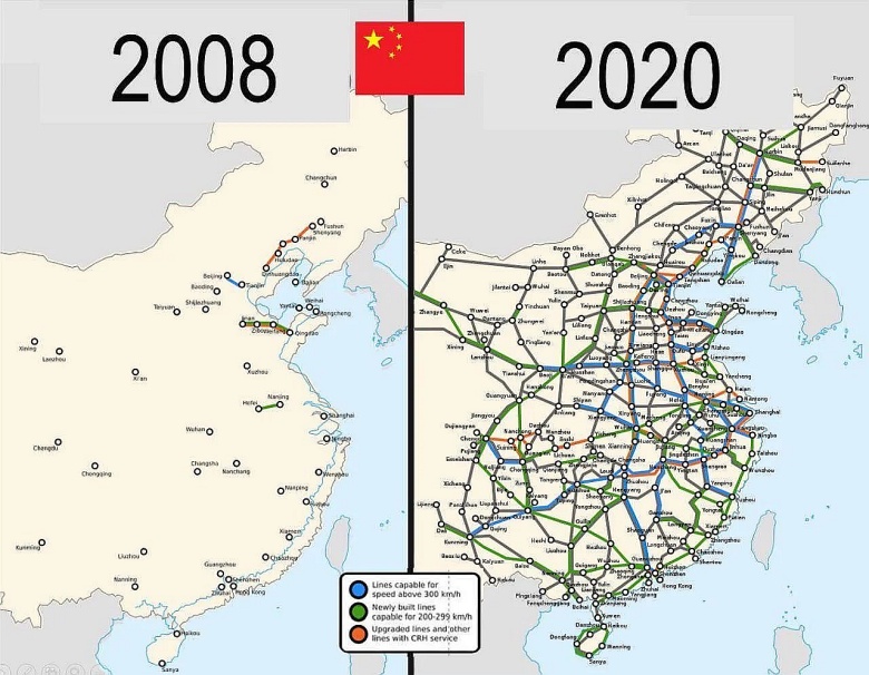 Sieć kolei dużych prędkości w Chinach w 2008 i 2020 roku