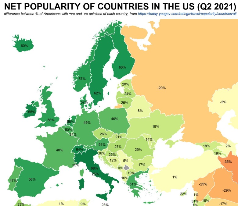 Popularność krajów europejskich w USA, dane drugi kwartał 2021 roku