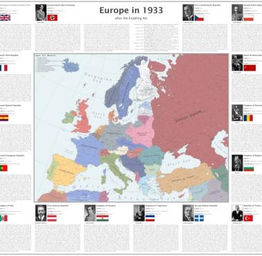 Mapa Europy w 1933 roku z przywódcami państw (eng)