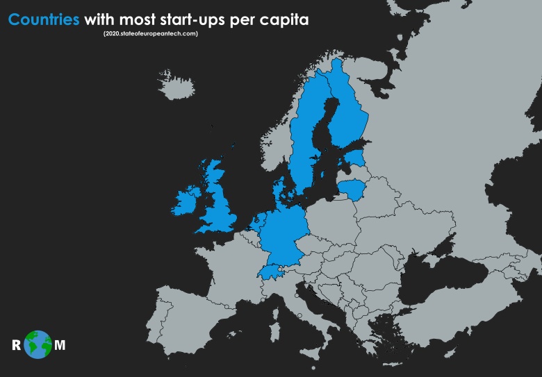 Kraje z największą liczbą start-upów na mieszkańca w Europie, 2020