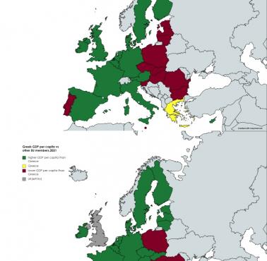 PKB na mieszkańca Grecji w 2008 roku i 2021 roku