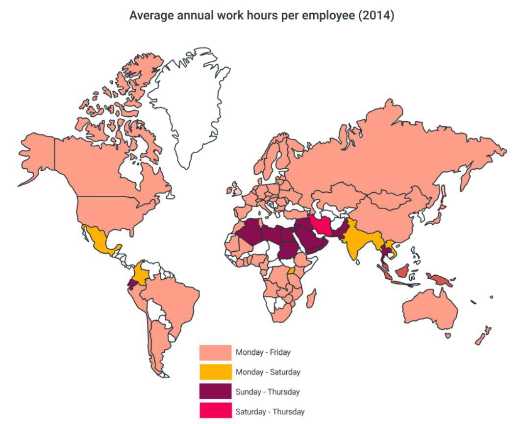 Wymuszone sankcją prawną dni wolne od pracy w poszczególnych krajach świata, 2014