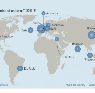 Top12 miast z największą liczbą startupów według The Economist, 2011-2021