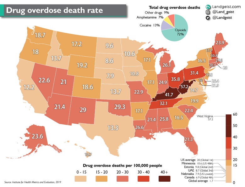 Wskaźniki śmiertelności z powodu przedawkowania narkotyków w USA na 100 tys. mieszkańców, 2019