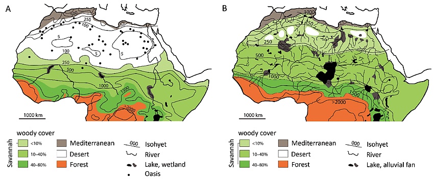 Afryka Północna dzisiaj (A) i 11500-5500 lat temu (B)