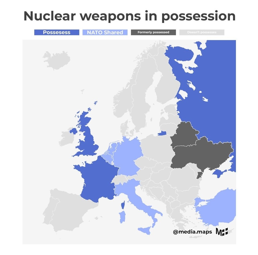 Posiadacze broni jądrowej (w tym NATO shared) w Europie obecnie i kiedyś