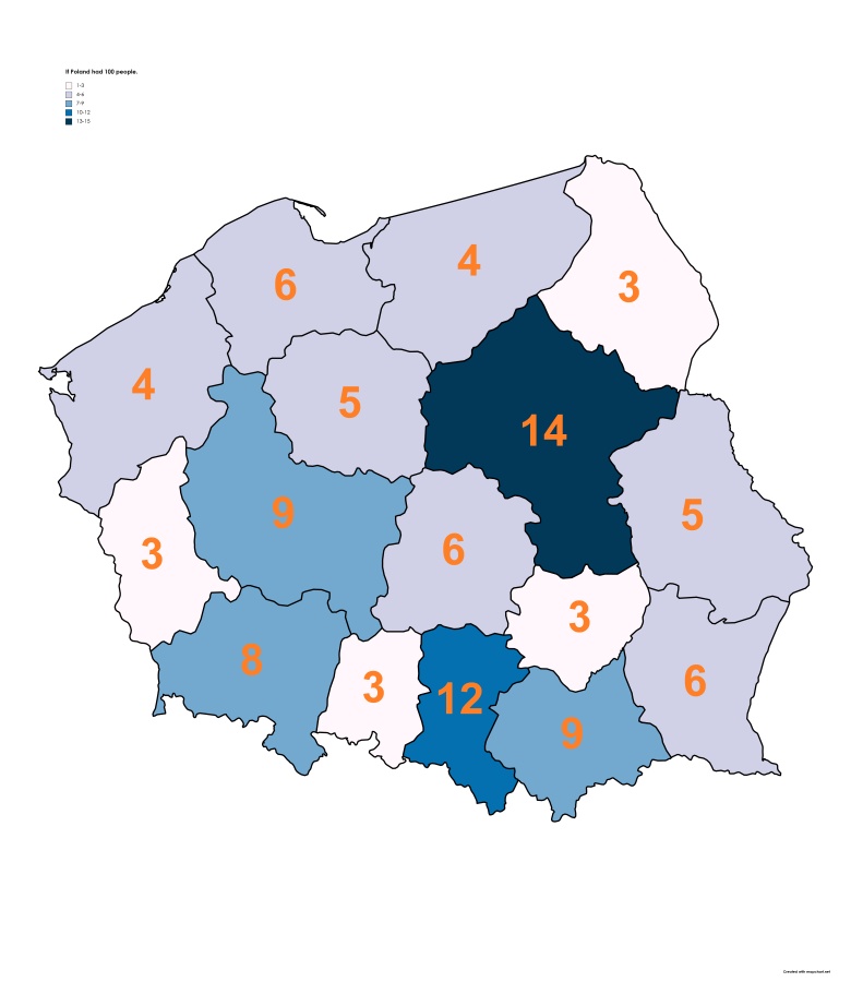 Gdyby 100 osób mieszkało w Polsce (z podziałem na województwa)