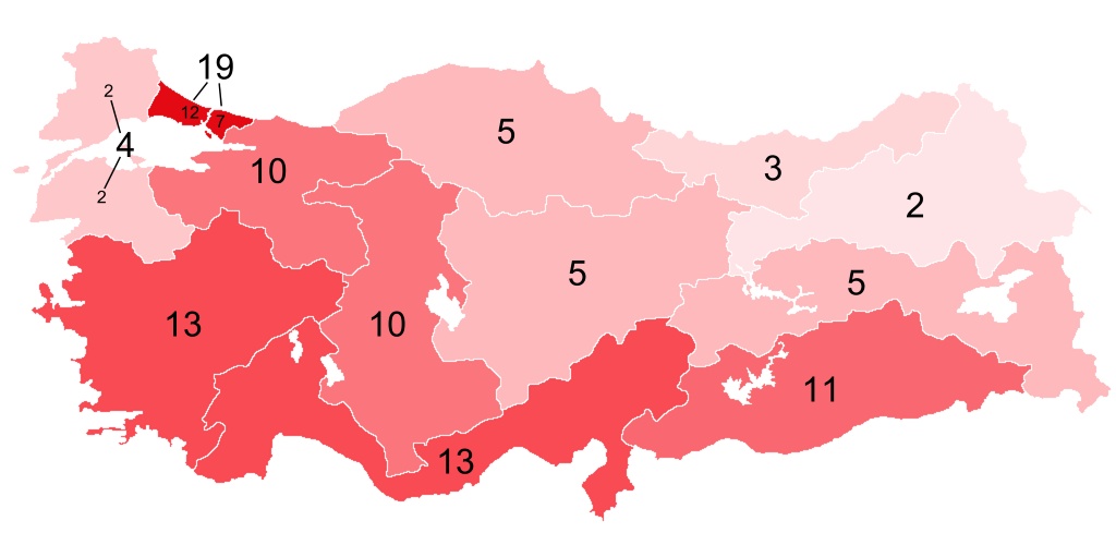 Gdyby 100 osób mieszkało w Turcji (z podziałem na największe jednostki administracyjne)