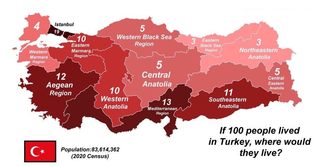 Gdyby 100 osób mieszkało w Turcji (z podziałem na największe jednostki administracyjne), 2020