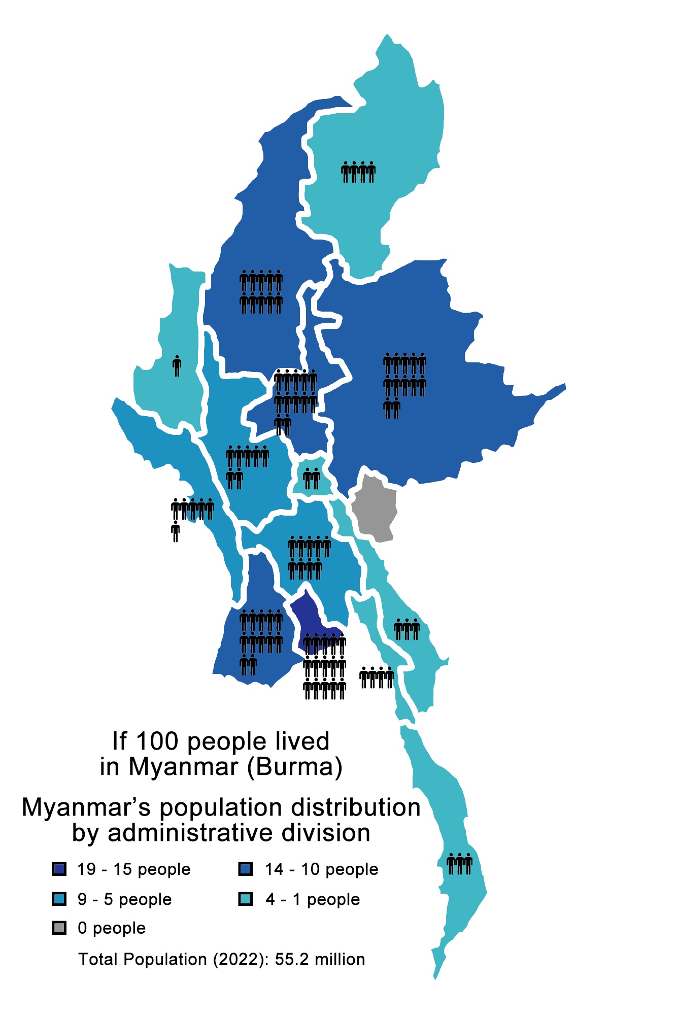 Gdyby 100 osób mieszkało w Birmie (Myanmar) (z podziałem na największe jednostki administracyjne), 2022