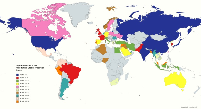 TOP50 - porównanie potencjału wojskowego w rankingu Global Firepower Index z 2022 roku (do 24.02.2022 - wojna na Ukrainie)