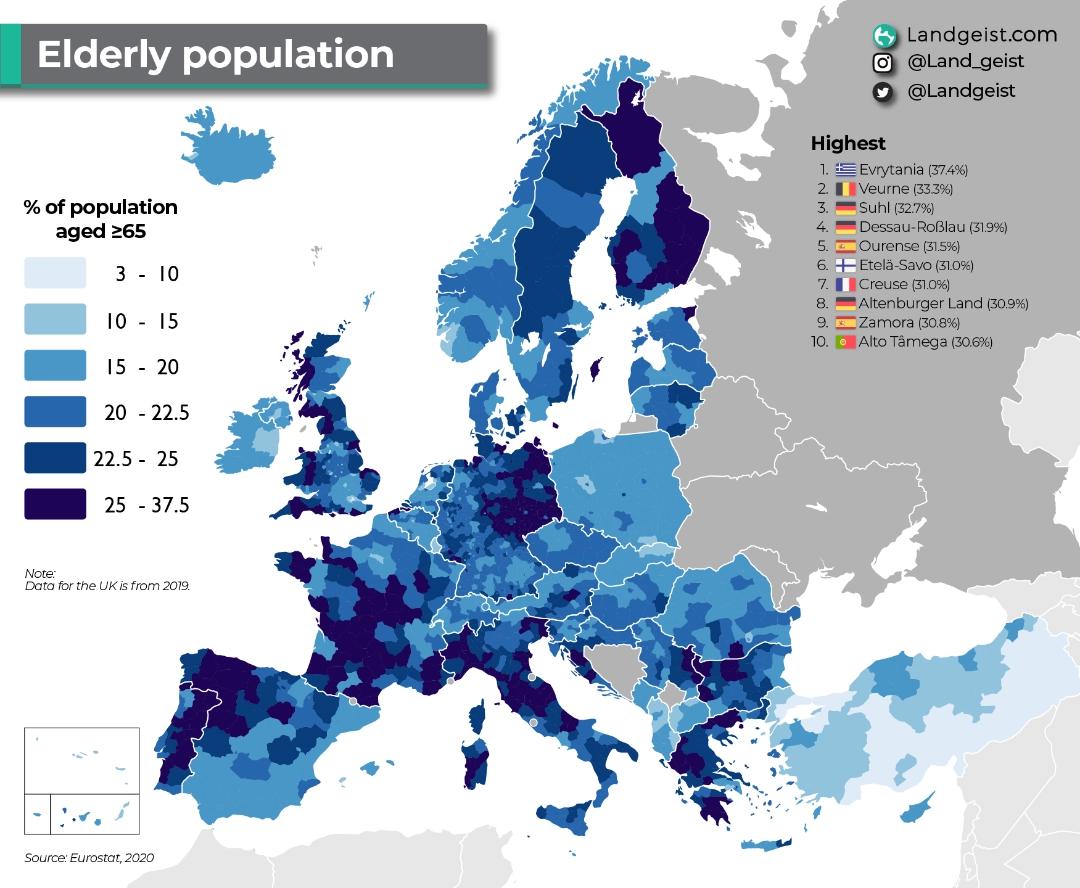 Odsetek ludności w wieku powyżej 65 lat w Europie, 2020