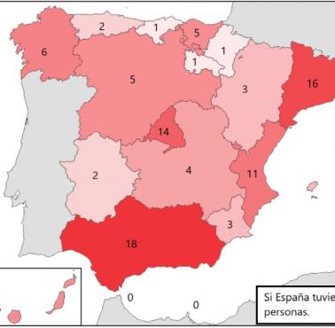 Gdyby 100 osób mieszkało w Hiszpanii (z podziałem na największe jednostki administracyjne), 2022