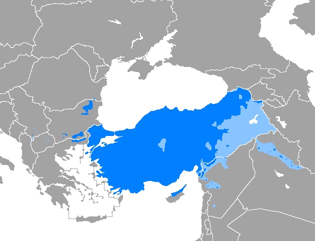 Obszary, na których językiem tureckim posługuje się większość lub znacząca mniejszość mieszkańców