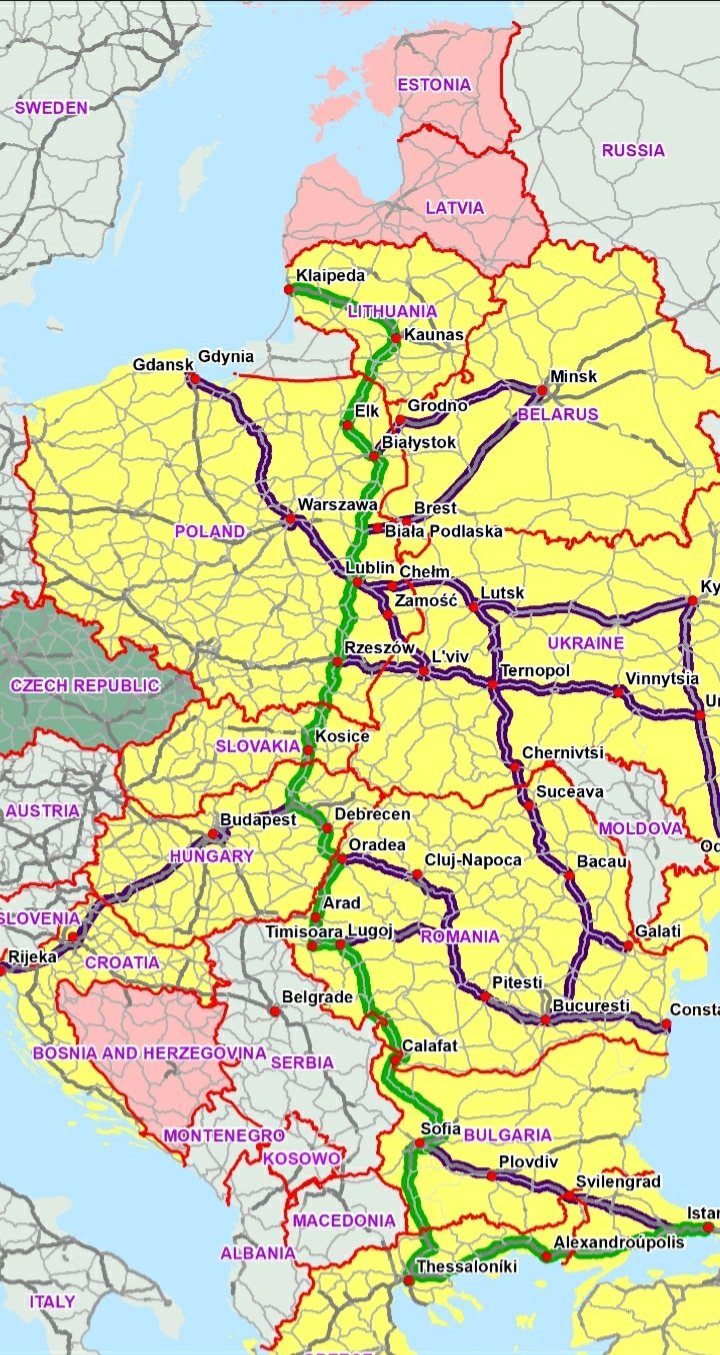 Geopolityka: Obszar rdzeniowy dawnej I RP oraz całej Europy Środkowej, zaznaczony również przebieg Via Carpatia