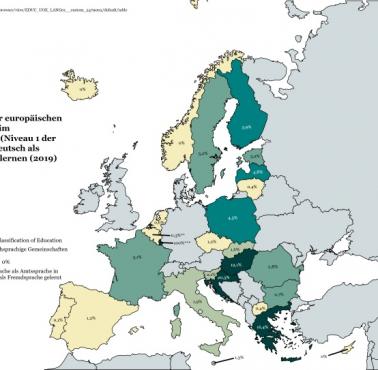 Odsetek europejskich uczniów szkół podstawowych, którzy uczą się języka niemieckiego jako języka obcego, 2019, Eurostat