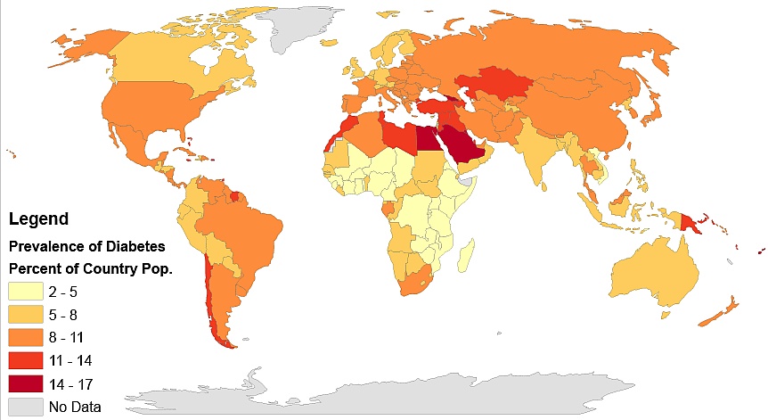 Częstość występowania cukrzycy na świecie według odsetka populacji