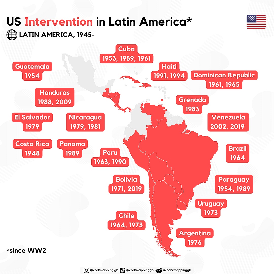 Amerykańskie interwencje w Ameryce Południowej od 1945 roku, w tym zmiany reżimów i inwazja militarne