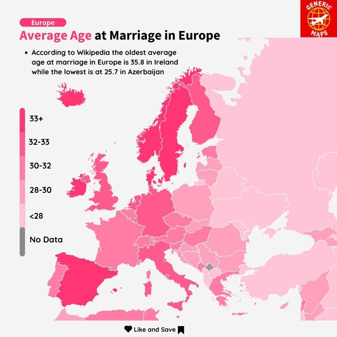 Mapa średniego wieku zawierania pierwszego małżeństwa w Europie