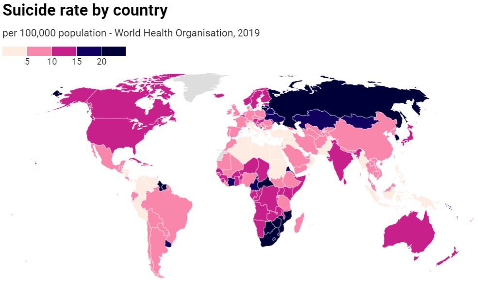 Wskaźnik samobójstw na 100 000 osób na świecie według krajów, WHO, 2019
