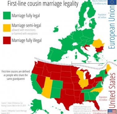 Legalność małżeństw z kuzynem/kuzynką w poszczególnych stanach USA i Europie
